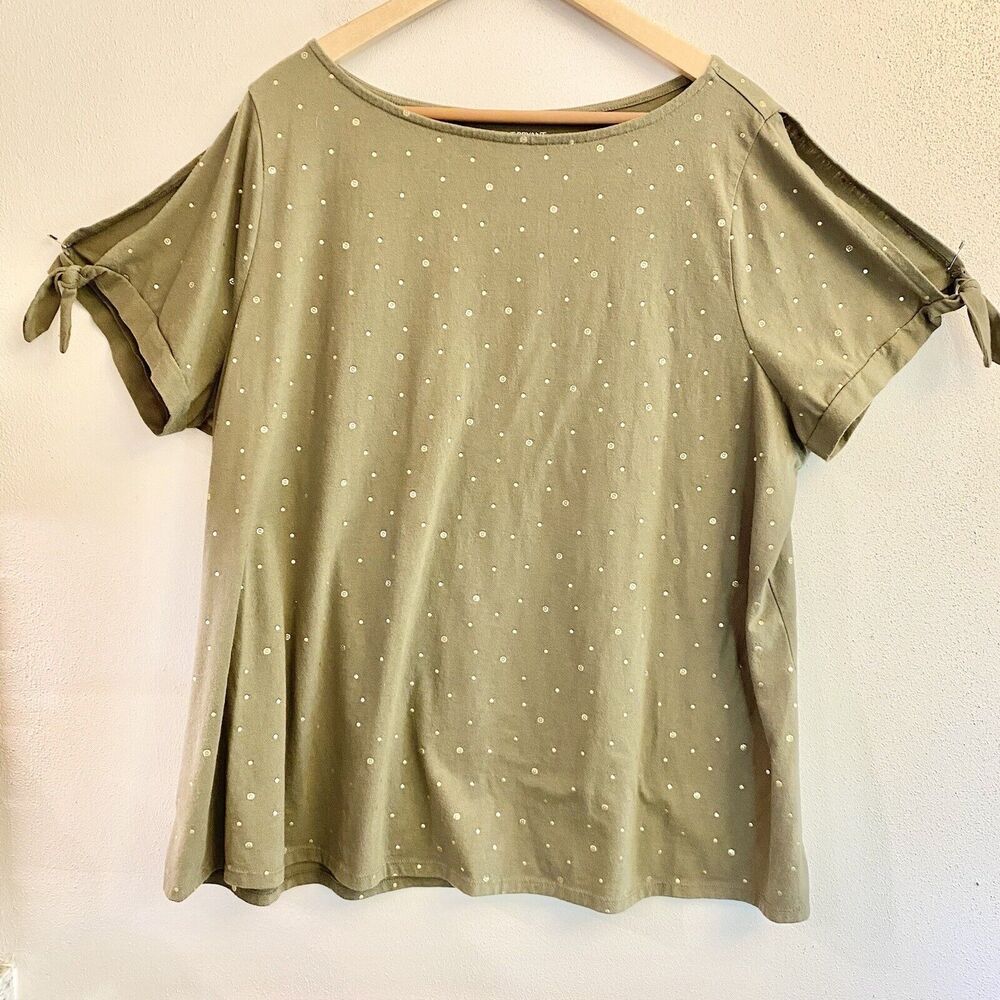 Lane Bryant Women’s Shirt 22/24 Olive Cold Shoulder Sleeve Gold Accent Print‎